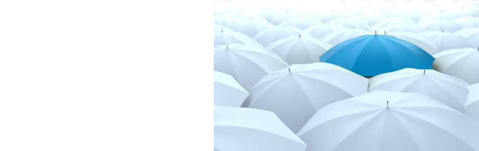 one blue umbrella in the center of many white umbrellas, all expanded